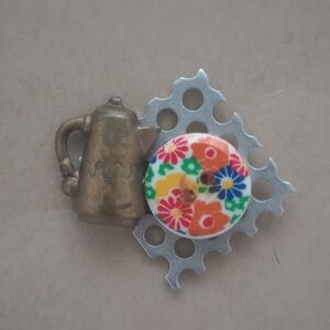Vintage Floral Button Teapot Brooch with Metal Accents